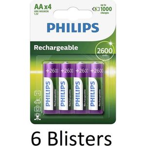 24 Stuks (6 Blisters a 4 st) Philips AA Oplaadbare batterijen - 2600mah