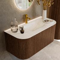 Badmeubel Mondiaz Kurve-Dlux | 100 cm | Meubelkleur Walnut | Wastafelkleur Ostra | Solid surface | Midden spoelbak | 1 kraangat