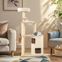 151 cm Krabpaal van Hout Grote Kattenboom Kattenkrabpaal met 2 Verdiepingen Hangmat & Sisal-Krabpaal Klimboom Naturel