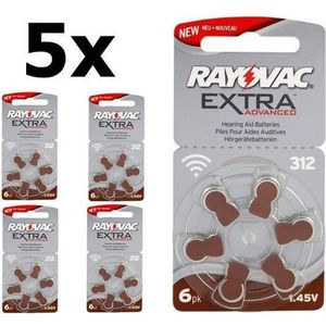 30 Stuks (5 Blister a 6st) Rayovac Extra 312 / PR312 / PR41 Gehoorapparaat batterijen