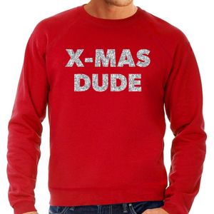 Foute Kersttrui x-mas dude zilveren glitter letters rood heren