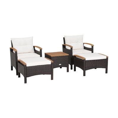 5-Delige Rotan Terrasmeubelset met Bank en Gestoffeerde Tafel met Houten Blad