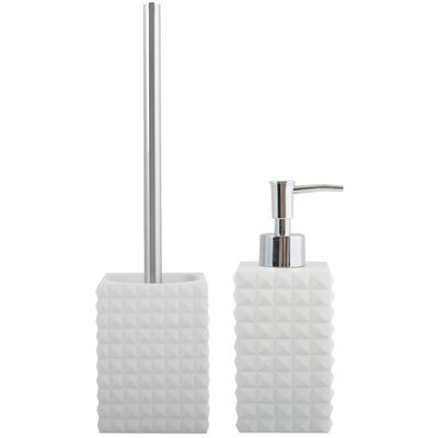 Toiletborstel in houder 37 cm/zeeppompje set Kubik - Polyresin/rvs - ivoor wit