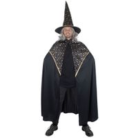 Funny Fashion Tovenaars verkleed cape/hoed - volwassenen - zwart met sterren - Carnaval kostuum - thumbnail