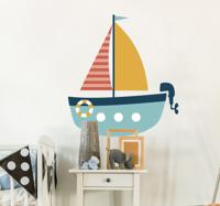 Sticker kinderkamer roeiboot met motor