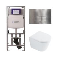 QeramiQ Dely Toiletset - 36.3x51.7cm - diepspoel - rimless - Geberit UP320 Burda inbouwreservoir - softclose toilet zitting 35 mm - steel bedieningsplaat - rechthoekige knoppen - wit glans SW1026255 / SW1159505/0701131/SW706195