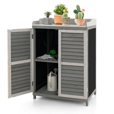 Houten Tuinman Tafel Opberg Kast met Metalen Gecoat Tafelblad 2 Opbergplanken Waterdichte Gereedschapsschuur voor Tuin/Terra