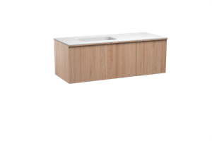 Balmani Forma zwevend badmeubel 135 x 55 cm naturel eiken met Tablo Arcato asymmetrisch linkse wastafel in solid surface mat wit, Verticale symmetrische rechte ribbel