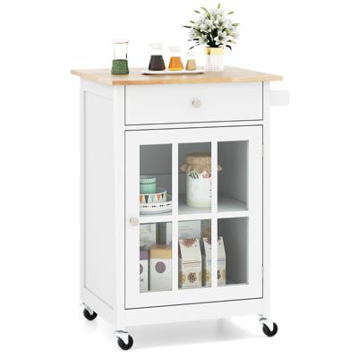 Keuken Eilandwagen met Houten Tafelblad & Glazen Deur & Lade Rollende Keukenkast Bartafel