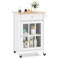 Keuken Eilandwagen met Houten Tafelblad & Glazen Deur & Lade Rollende Keukenkast Bartafel