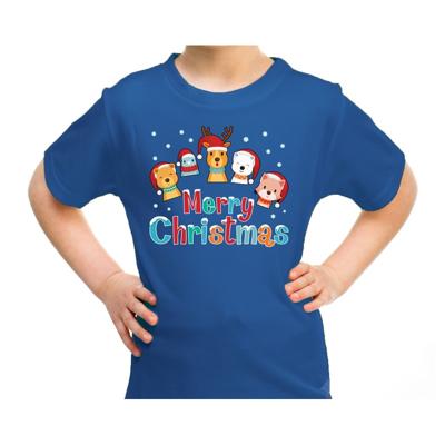 Kersttrui t-shirt - kinderen - dierenvriendjes - Merry christmas - blauw - kerstkleding