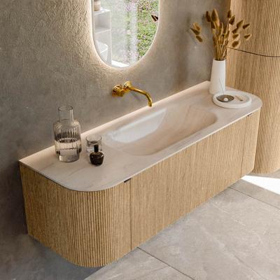 Badmeubel Mondiaz Kurve-Dlux | 140 cm | Meubelkleur Oak | Wastafelkleur Meli | Solid surface | Wasbak midden spoelbak | Zonder kraangat(en)