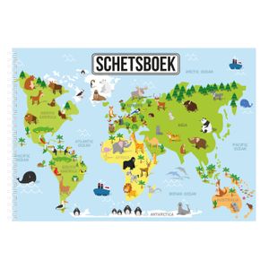 2x A4 dieren wereldkaart schetsboek/ tekenboek/ kleurboek/ schetsblok wit papier