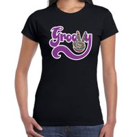 Jaren 60 Flower Power Groovy verkleed shirt zwart met psychedelische peace teken dames