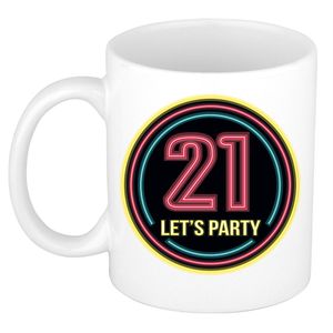 Verjaardag mok / beker - Lets party 21 jaar - neon - 300 ml - verjaardagscadeau