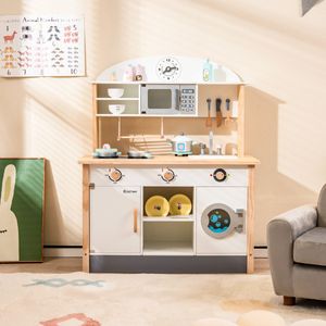 Houten Speelkeuken voor Kinderen Magnetron en Wasmachine Afdruiprek Keukengerei 3 Haken Speelgoedkeukenset voor Kinderen 3+