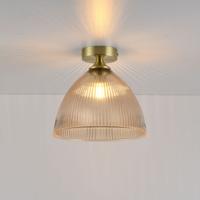 Plafondlamp Ciotola ambra - E27-fitting - Koepelvormige bol van geribbeld amberkleurig glas - Vulkaanvormige gouden drager - IP20 voor binnen
