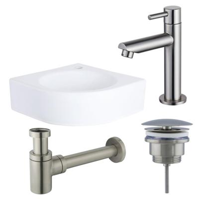 QeramiQ Fuente fonteinset - 30x30x10cm - 1 kraangat - hoek - keramiek - fonteinkraan RVS geborsteld - glans wit SW696237/SW696207/SW696217/SW679885