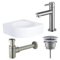 QeramiQ Fuente fonteinset - 30x30x10cm - 1 kraangat - hoek - keramiek - fonteinkraan RVS geborsteld - glans wit SW696237/SW696207/SW696217/SW679885