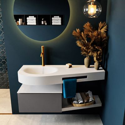 MONDIAZ RIVA 120cm badmeubel onderkast / planchet kleur Dark_Grey met 1 lade. Wastafel DULCET links 1 kraangat kleur Talc. MONDIAZ RIVA 120cm badmeubel onderkast / planchet kleur Dark_Grey met 1 lade. Wastafel DULCET links 1 kraangat kleur Talc.