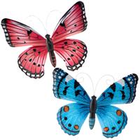 Wanddecoratie vlinders - 2x stuks - roze en blauw - 34 x 28 cm - metaal - muurdecoratie tuin
