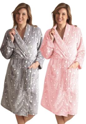 Damesbadjas sterren en maan - fleece - 2 kleuren-l-lichtroze