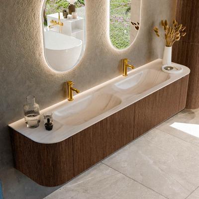Badmeubel Mondiaz Kurve-Dlux | 200 cm | Meubelkleur Walnut | Wastafelkleur Meli | Solid surface | Wasbak beide zijden spoelbak | 2 kraangaten