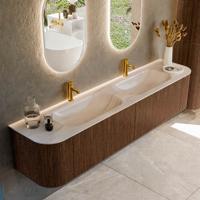 Badmeubel Mondiaz Kurve-Dlux | 200 cm | Meubelkleur Walnut | Wastafelkleur Meli | Solid surface | Wasbak beide zijden spoelbak | 2 kraangaten