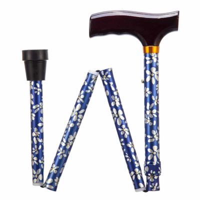 Opvouwbare wandelstok | Gebloemd | Blauw | Lengte 84 - 94 cm | Houten handvat | PR30120-BP