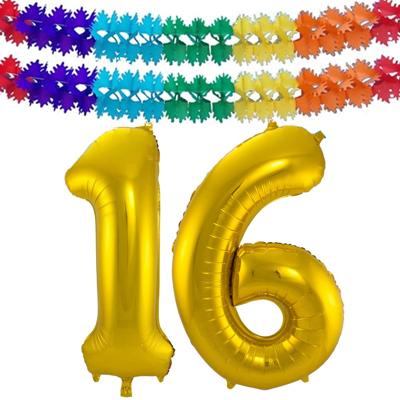 Folie ballonnen - Leeftijd cijfer 16 - goud - 86 cm - en 2x feestslingers - verjaardag versiering