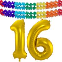 Folie ballonnen - Leeftijd cijfer 16 - goud - 86 cm - en 2x feestslingers - verjaardag versiering