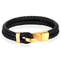 Mendes Jewelry Roestvrijstalen en Echt Lederen Heren Armband in Zwart en Goud-23cm