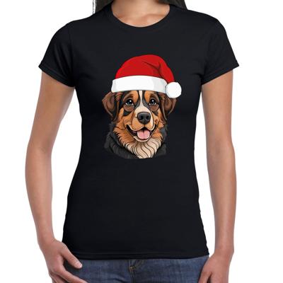Kerst T-shirt voor dames - Berner Senne hond met kerstmuts - zwart - Kerstfeest Kerst T-shirt voor dames - Berner Senne hond met kerstmuts - zwart - Kerstfeest
