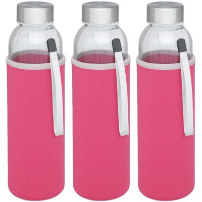 3x stuks glazen waterfles/drinkfles met roze softshell bescherm hoes 500 ml