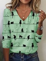 Cat Casual V Neck Knitted T-Shirt - thumbnail