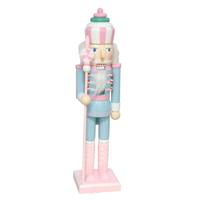 Notenkraker decoratie figuur/beeldje - 38 cm - pastel kleuren roze en blauw - hout - kerst - thumbnail