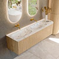 Mondiaz KURVE-DLUX 165 cm Onderkast Greeploos 2 Lades Met Deuren Oak, Wastafel Solid Surface Links Glace 0 Kraangaten Zonder Spiegel (KRVSTS165R2L1D0KD-Oak/Gla)