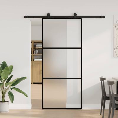 Schuifdeur met beslagset 90x205 cm gehard glas zwart
