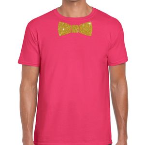 Roze fun t-shirt met vlinderdas in glitter goud heren