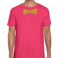 Roze fun t-shirt met vlinderdas in glitter goud heren