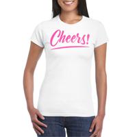 Verkleed T-shirt voor dames - cheers - wit - roze glitter - carnaval/themafeest - thumbnail