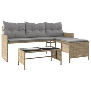 vidaXL Tuinbank met tafel en kussens L-vormig poly rattan beige