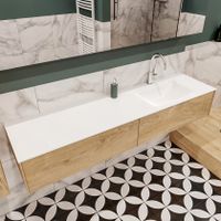 Mondiaz Lush Cloud badmeubel eiken licht 180 cm 2 lades solid surface enkele spoelbak rechts 1 kraangat