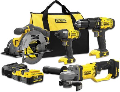 Stanley Fatmax schroefklopboor, slagschroevendraaier, cirkelzaag, haakse slijper 18V + 2 accu&apos;s + softbag