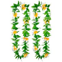 Hawaii krans/slinger - 2x - Tropische kleuren mix groen/wit - Bloemen hals slingers - thumbnail