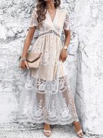 V Neck Casual Loose Lace Dress With No - thumbnail
