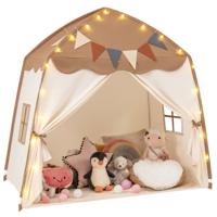 Speeltent voor Kinderen van 3 tot 12 Jaar Bedtent voor Peuters met Vlaggen en Koordverlichting Binnen- en Buitenkindertent-Bruin
