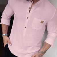 Bon&Bon Men's White Long Sleeve Button Up Shirt | Loose Fit Stand Collar Pink / XL