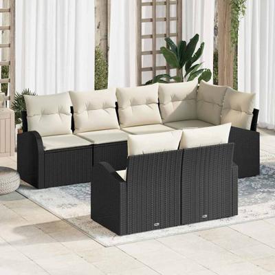 Tuinbankenset met kussen 7 pcs Zwart en Wit poly rattan