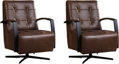 Set van 2 Bruine leren industriële draaifauteuils Mind - staal zwart frame met stervoet - Vintage Leer Brown (bruin leer)